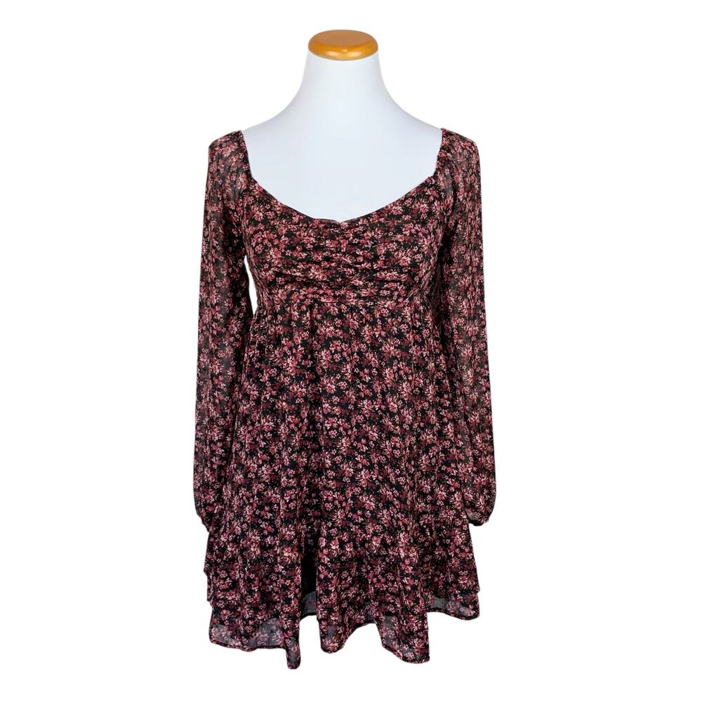 Mary & Mo Babydoll Dress Long Sleeve Black Pink Floral Mini Juniors S